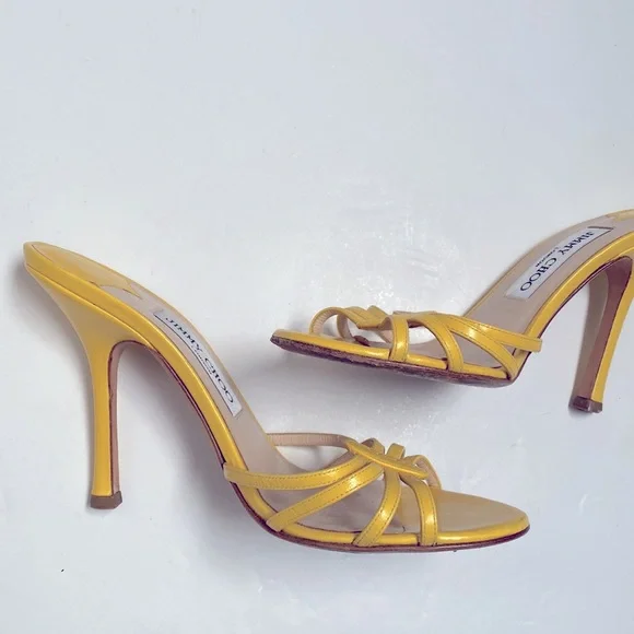 Jimmy Choo 💛 Strappy Kitten Sandal Heels in Yellow Size 7.5 Open Toe Mule Heel